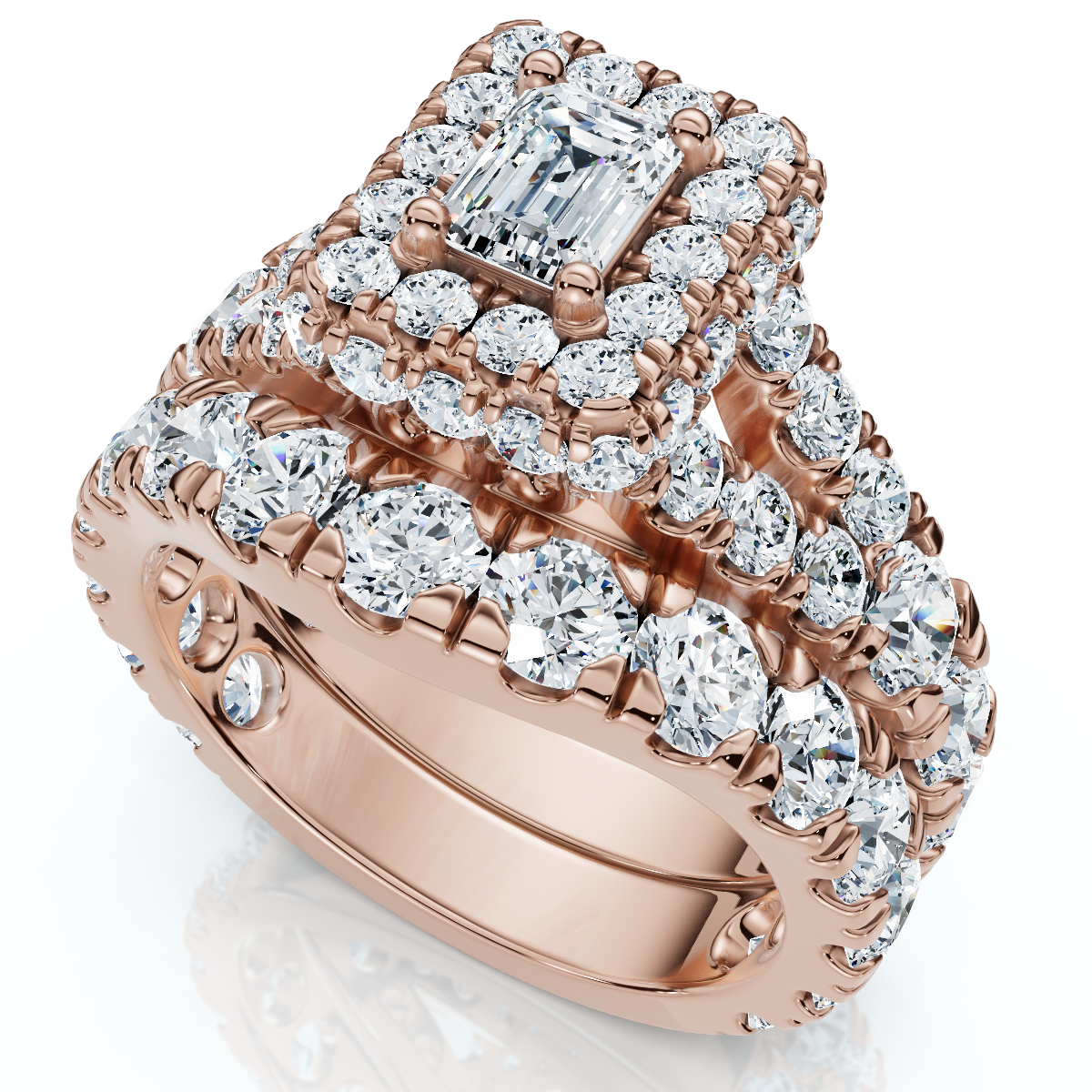 4Ct TW Emerald Cut Halo Diamond Engagement Wedding Ring Set Lab Grown Gold (G-H, VS2-SI1)