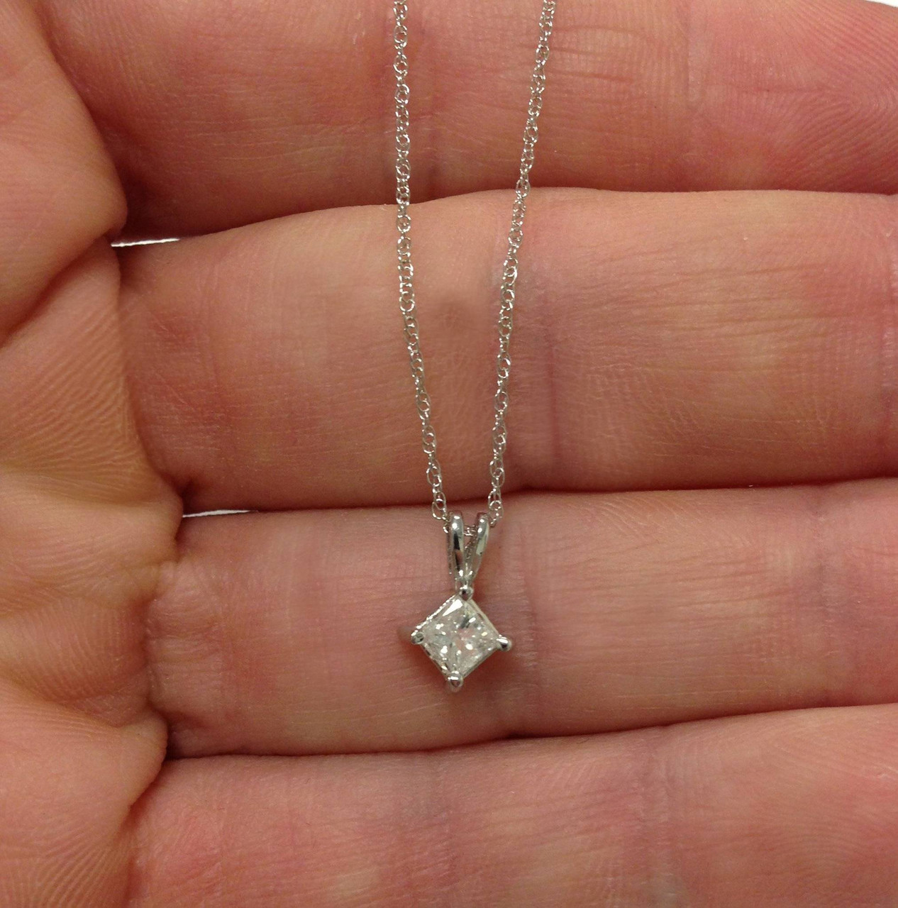 1/2ct Princess Cut Real Diamond Solitaire Pendant Necklace 14k White Gold New (I-J, I2-I3)