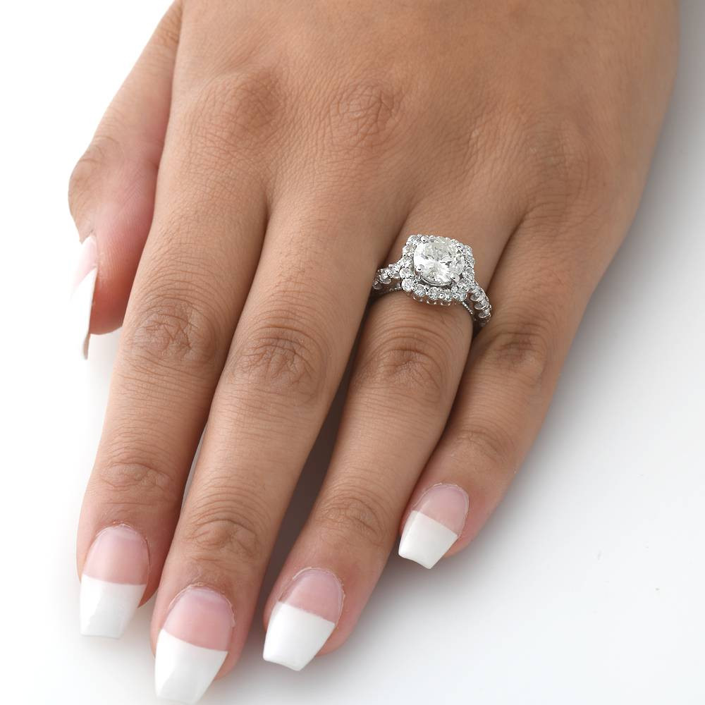 3Ct (2Ct center) Cushion Halo Lab Grown Diamond Engagement Ring 14K White Gold (G-H, VS)