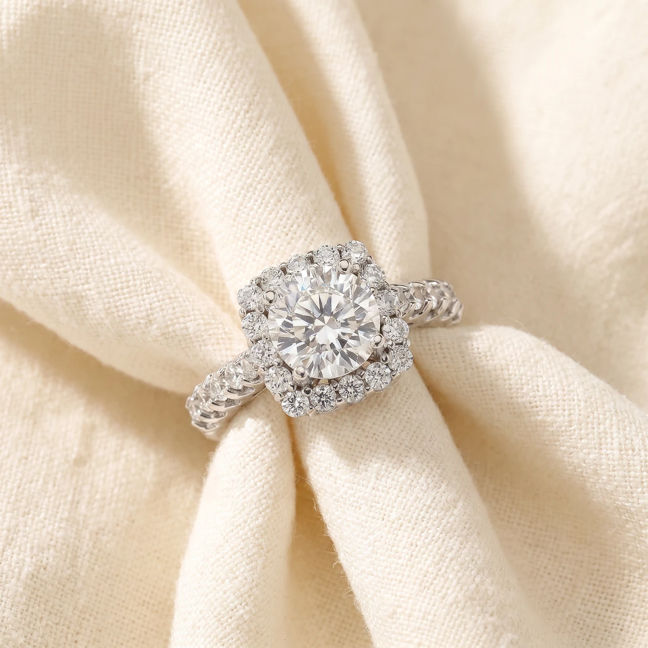 3Ct (2Ct center) Cushion Halo Lab Grown Diamond Engagement Ring 14K White Gold (G-H, VS)