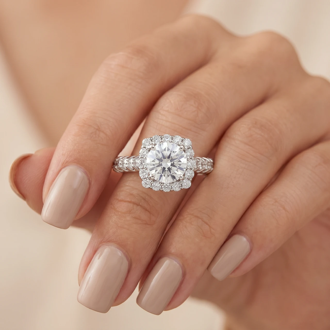 3Ct (2Ct center) Cushion Halo Lab Grown Diamond Engagement Ring 14K White Gold (G-H, VS)