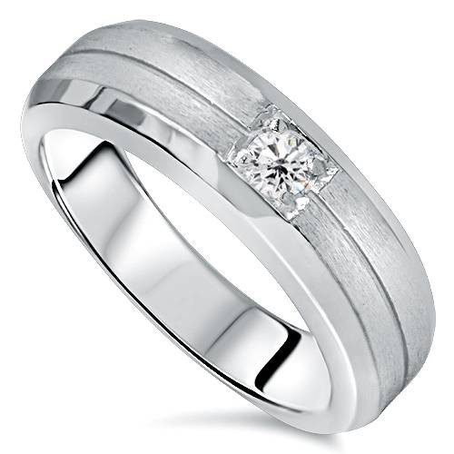 Mens White Gold Solitaire Brushed Diamond Wedding Ring (G-H, SI)