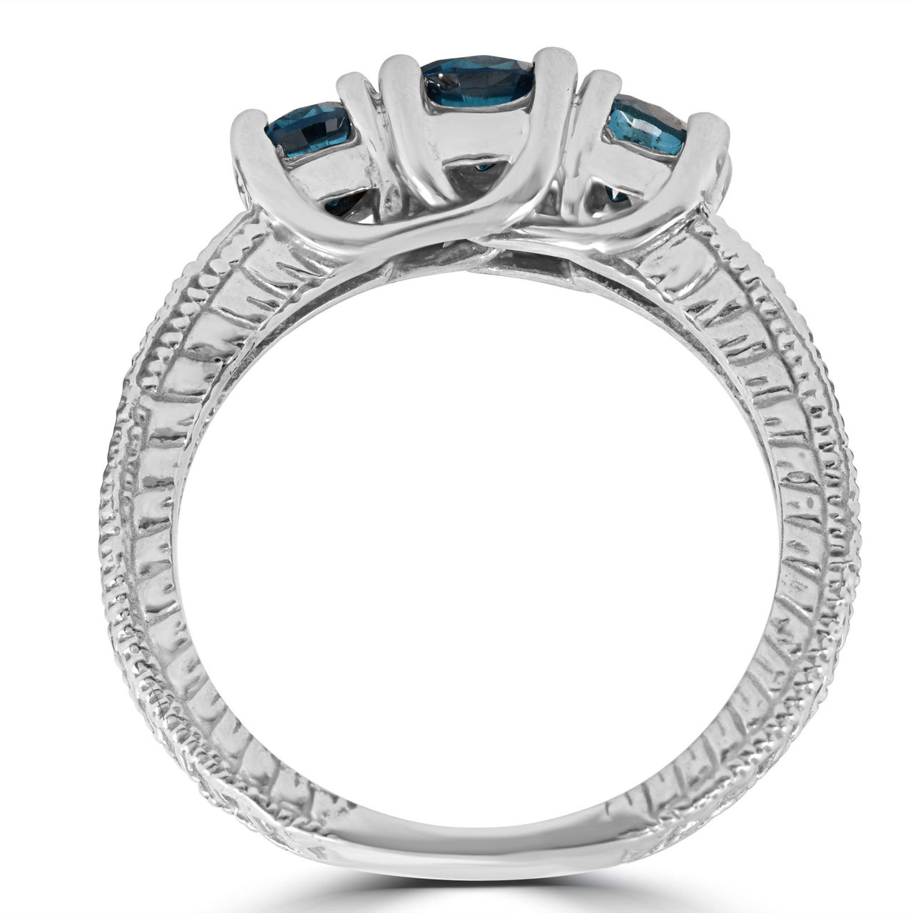 1 Carat Treated Blue Diamond Vintage 3 Stone Ring 10K White Gold (J-K, I1)