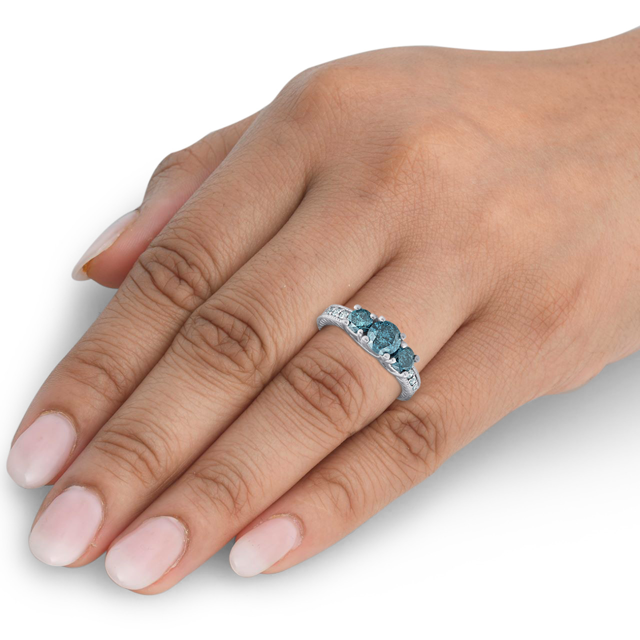 1 Carat Treated Blue Diamond Vintage 3 Stone Ring 10K White Gold