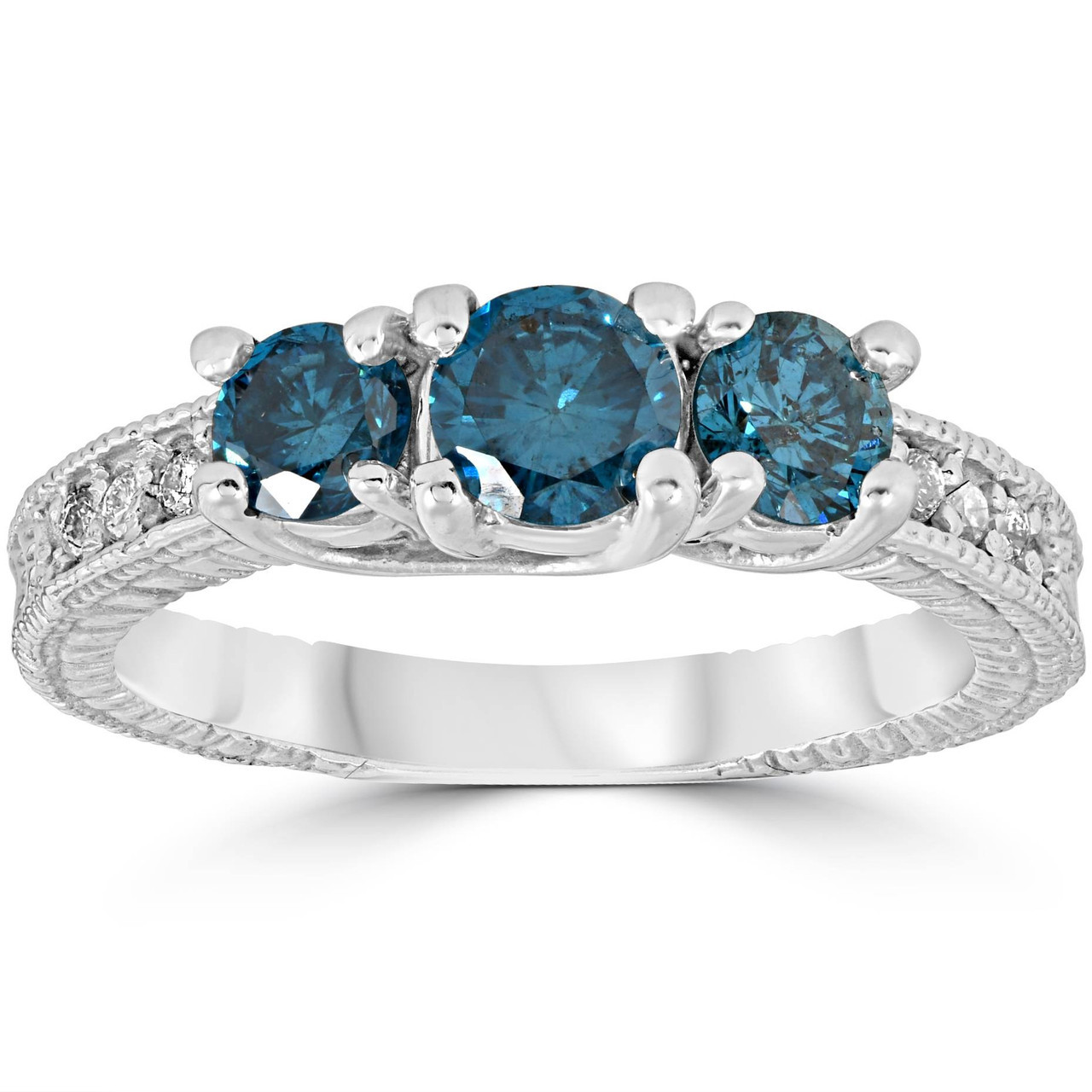 1 Carat Treated Blue Diamond Vintage 3 Stone Ring 10K White Gold (J-K, I1)