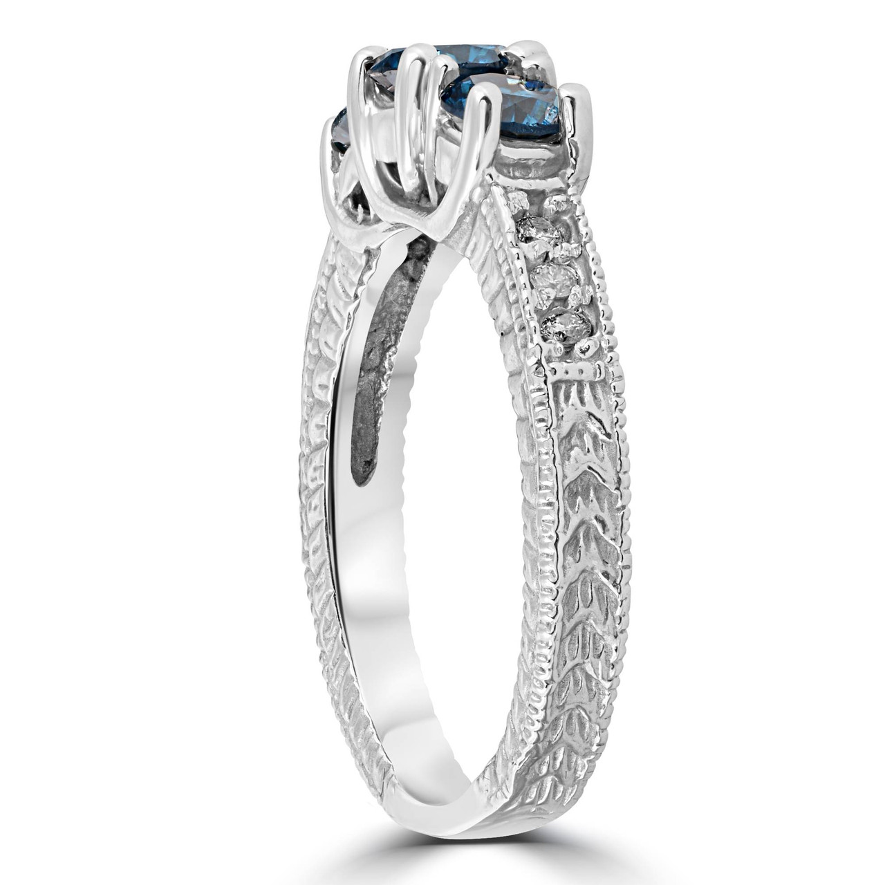 1 Carat Treated Blue Diamond Vintage 3 Stone Ring 10K White Gold (J-K, I1)