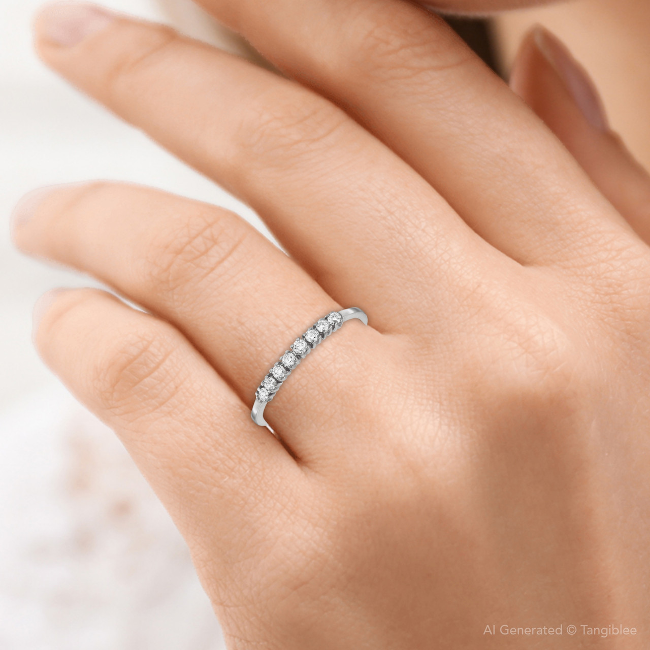 Eight Stone Diamond Wedding Stackable Guard Band Ring 14K White Gold (G-H, I2-I3)