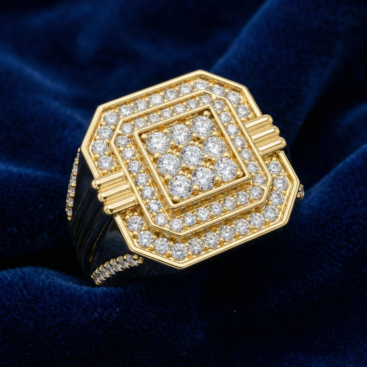 1 3/4Ct Men's Diamond Square Multi-Diamond Double Octagon Frame Ring Yellow Gold (G-H, I1)