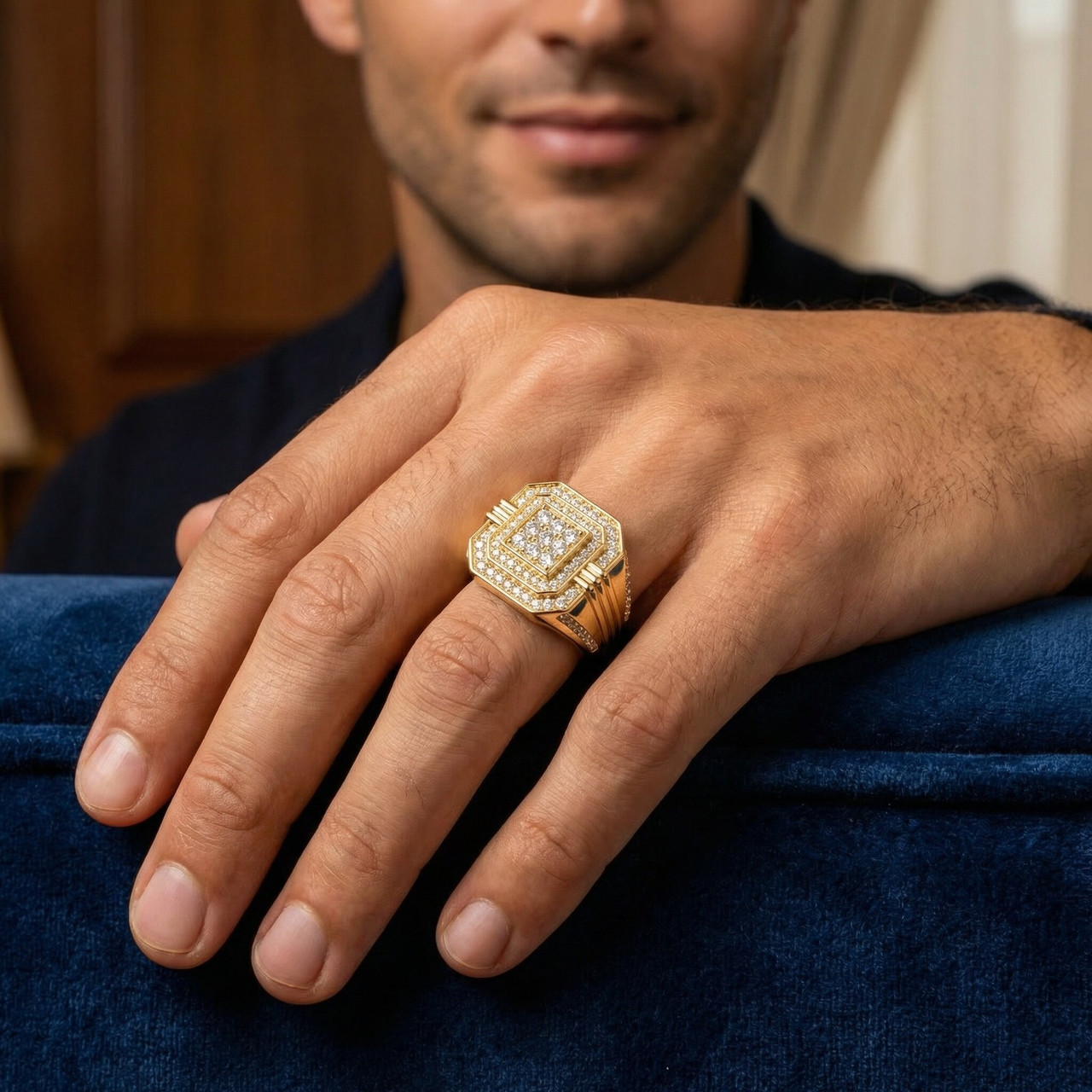 1 3/4Ct Men's Diamond Square Multi-Diamond Double Octagon Frame Ring Yellow Gold (G-H, I1)