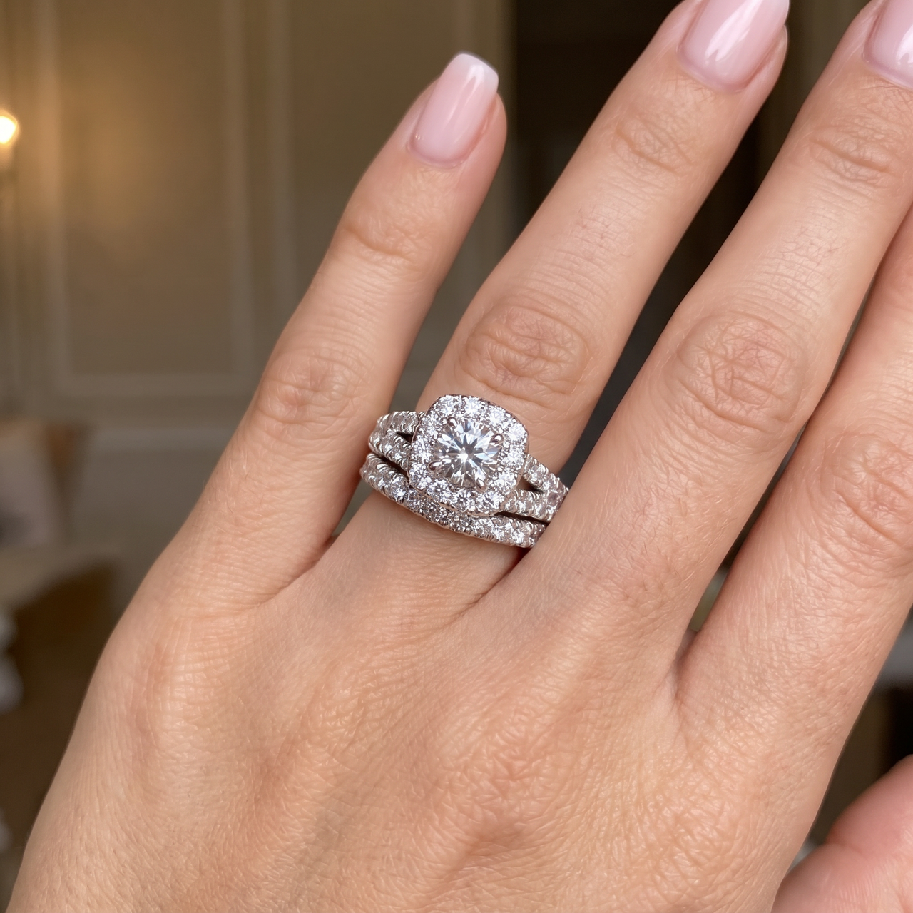 3 1/2Ct Cushion Halo Split Ring Diamond Engagement Set in White Yellow Rose Gold (H-I, I1)