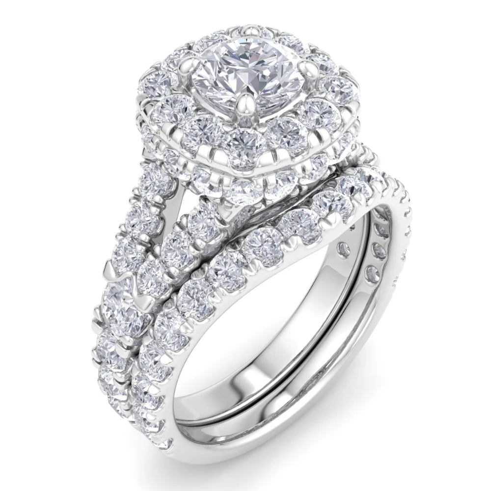 3 1/2Ct Cushion Halo Split Ring Diamond Engagement Set in White Yellow Rose Gold (H-I, I1)