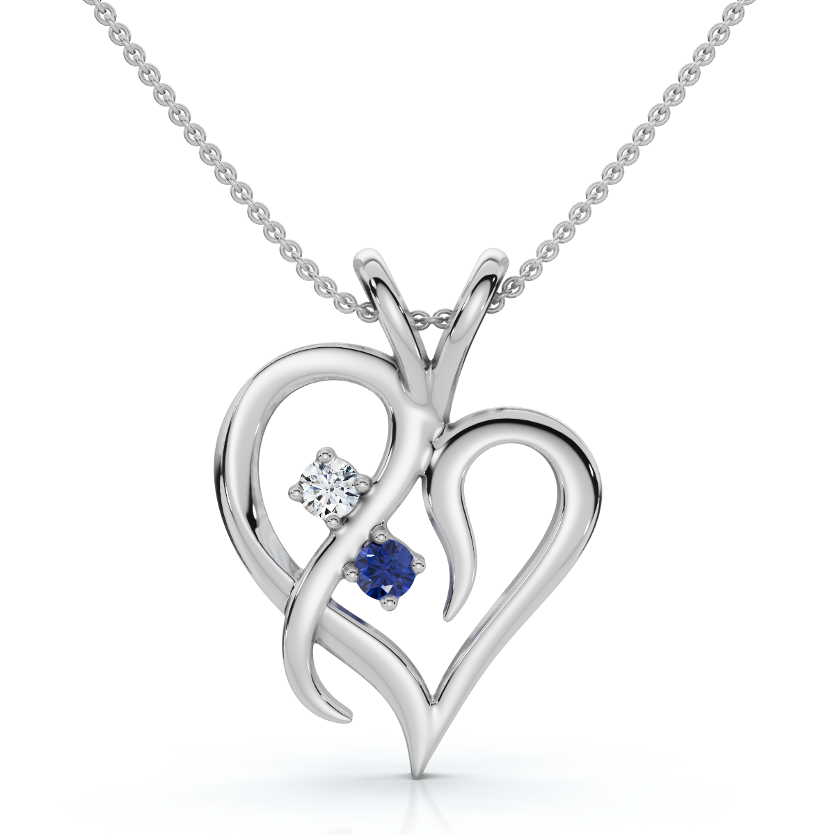 Blue Sapphire & Diamond Heart Pendant 14 KT White Gold With 18" Chain (G-H, I2-I3)