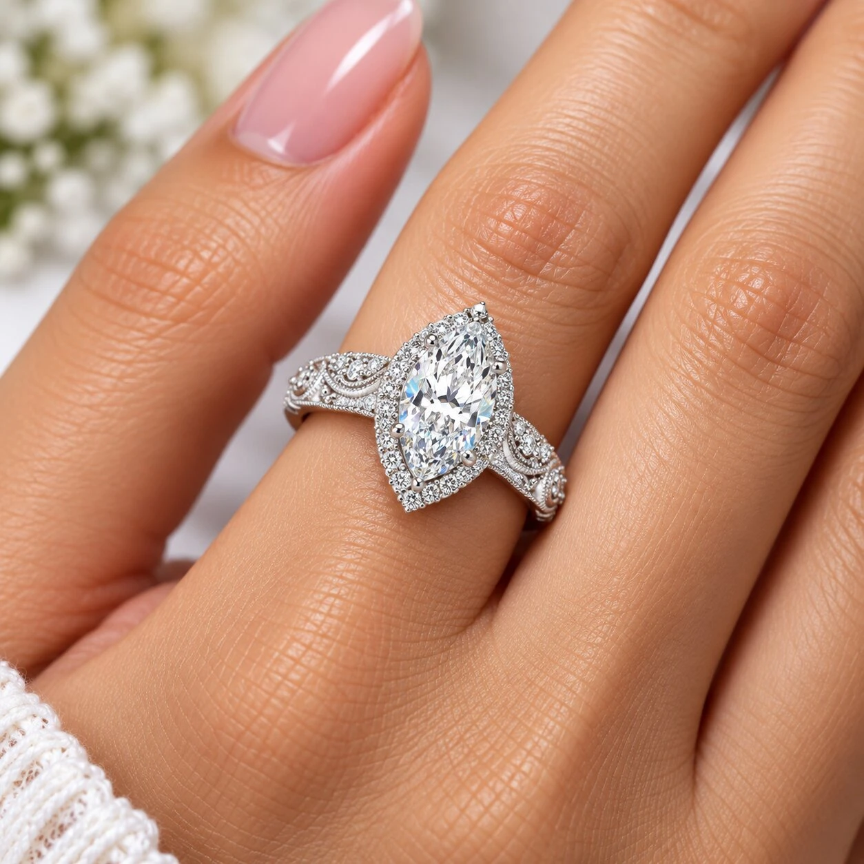 2 1/4Ct Marquise Halo Nature Inspired Lab Grown Diamond Engagement Ring 14k Gold (G-H, VS2-SI1)