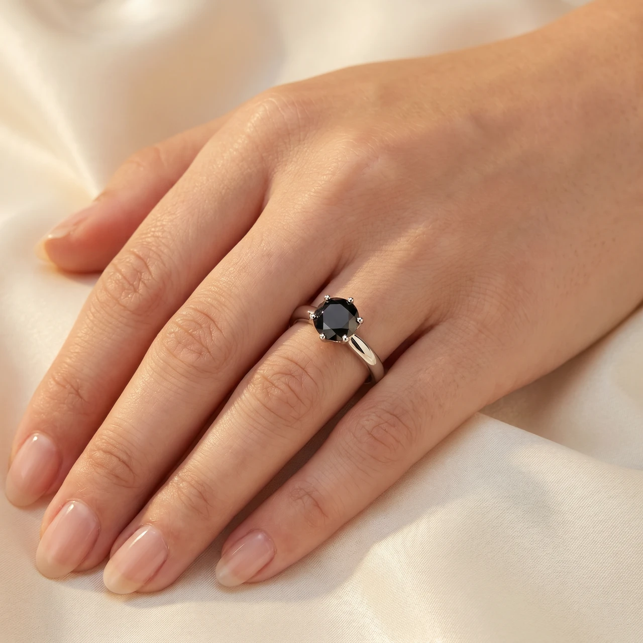 1ct Round Black Solitaire Diamond White Gold Engagement Ring (Black, I2-I3)