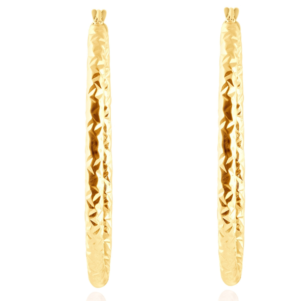 14k Yellow Gold 3mm Designer Hoops Women's Earrings 1 3/4" Tall 1.9grams 14k Yellow Gold 3mm Designer Hoops Women's Earrings 1 3/4" Tall 1.9grams