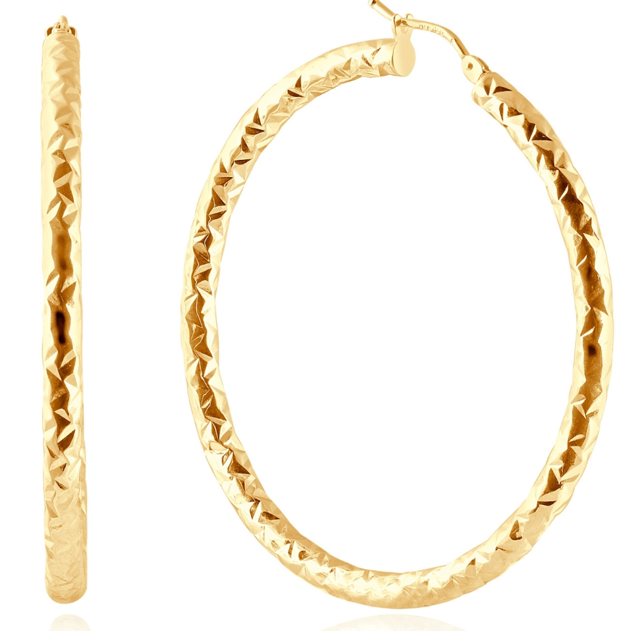 14k Yellow Gold 3mm Designer Hoops Women's Earrings 1 3/4" Tall 1.9grams 14k Yellow Gold 3mm Designer Hoops Women's Earrings 1 3/4" Tall 1.9grams