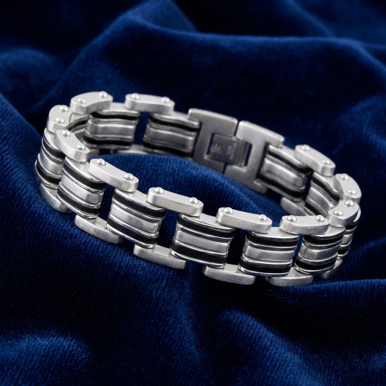Men's Steel Brushed And Black Two Tone 16.5mm Link Flexible 8 " Bracelet