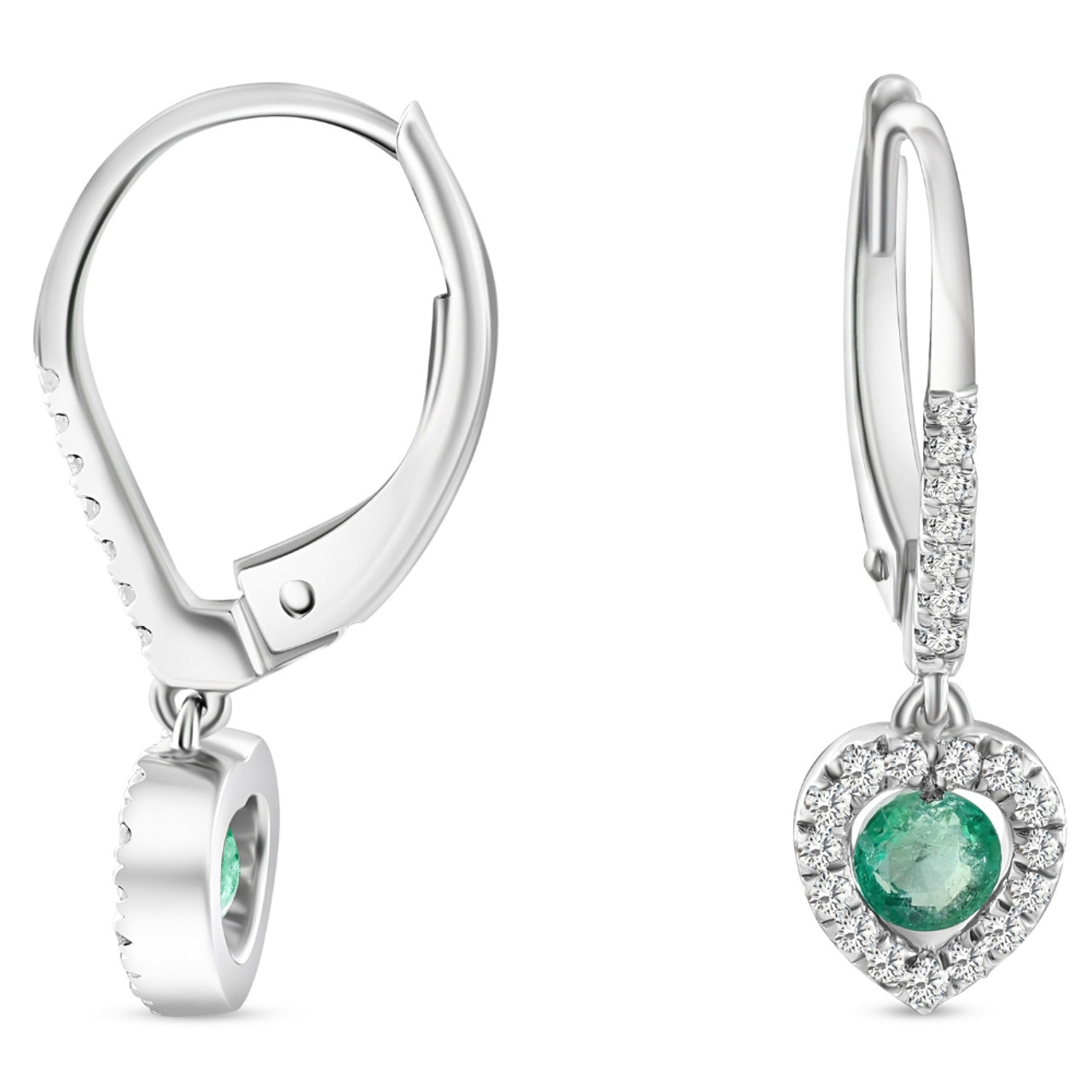 5/8Ct TW Emerald Lever Back Dangle Hoops White Gold Heart Earrings 3/4 ...