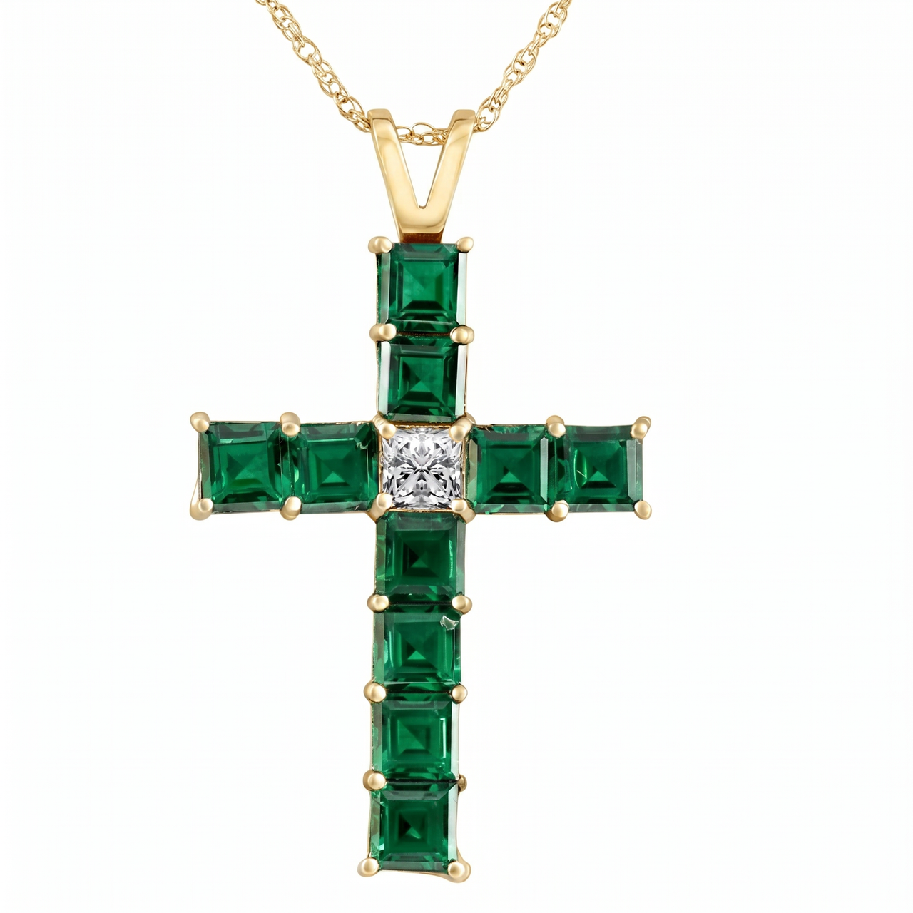 6Ct TW Princess Cut Diamond & Emerald Cross Pendant Necklace Gold Lab Grown (F-G, VS2-SI1)