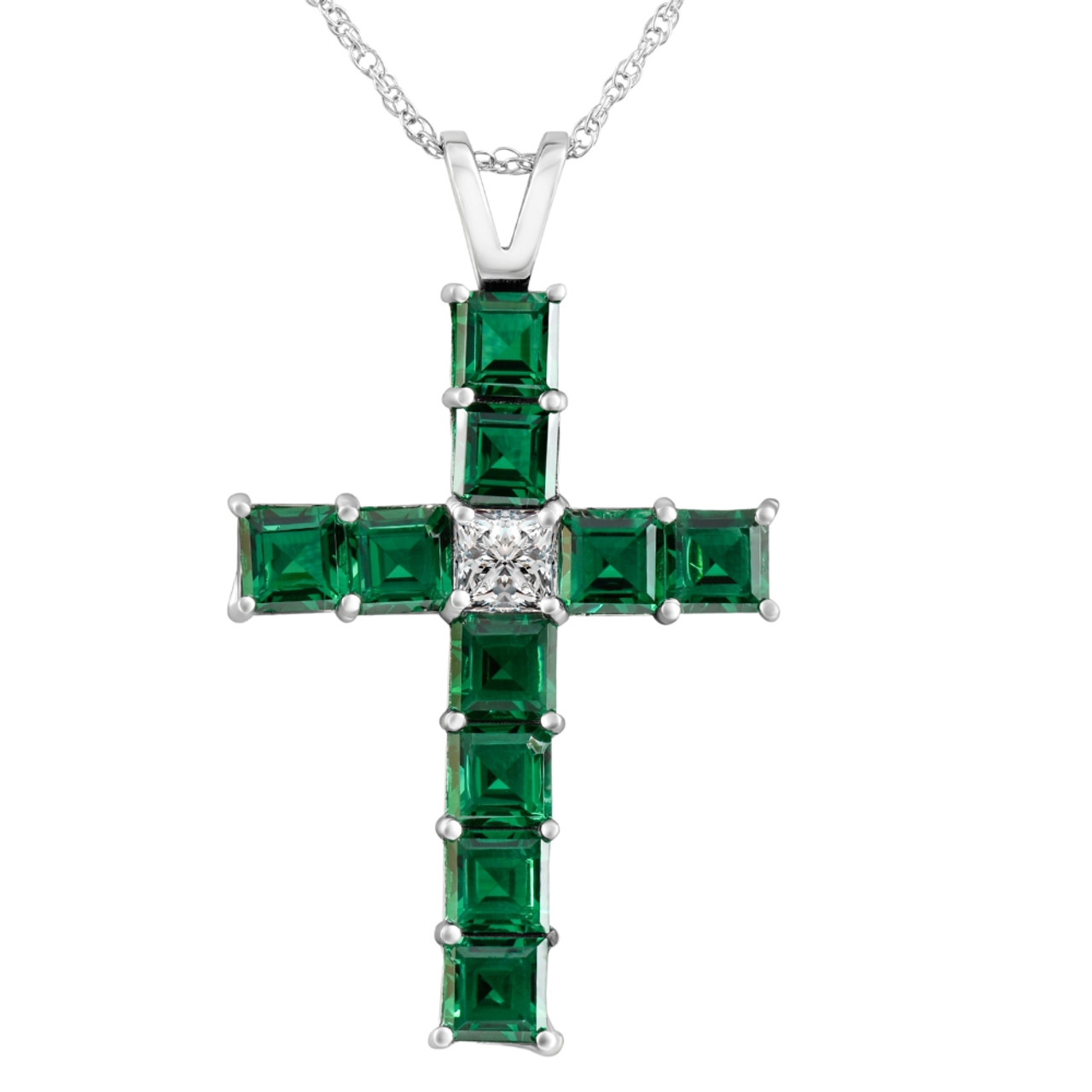 6Ct TW Princess Cut Diamond & Emerald Cross Pendant Necklace Gold