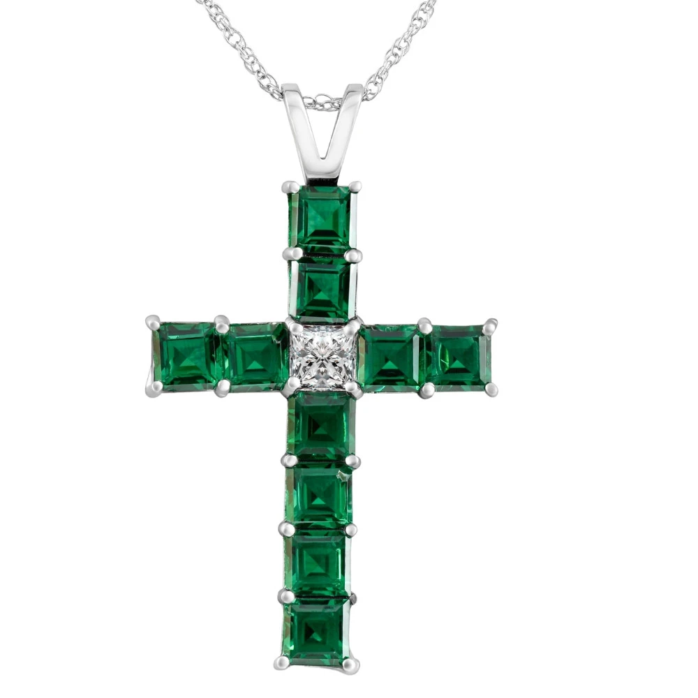 6Ct TW Princess Cut Diamond & Emerald Cross Pendant Necklace Gold Lab Grown (F-G, VS2-SI1)
