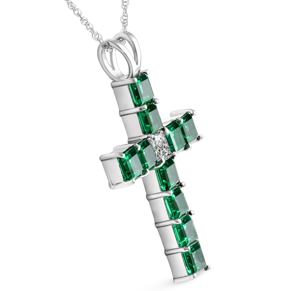 Cut Diamond & Emerald Cross Pendant Necklace Gold Lab Grown
