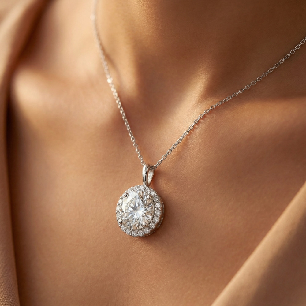 Certified 3 1/2Ct Halo Diamond Pendant 14k Gold Women's Necklace Lab Grown (G-H, VS2-SI1)