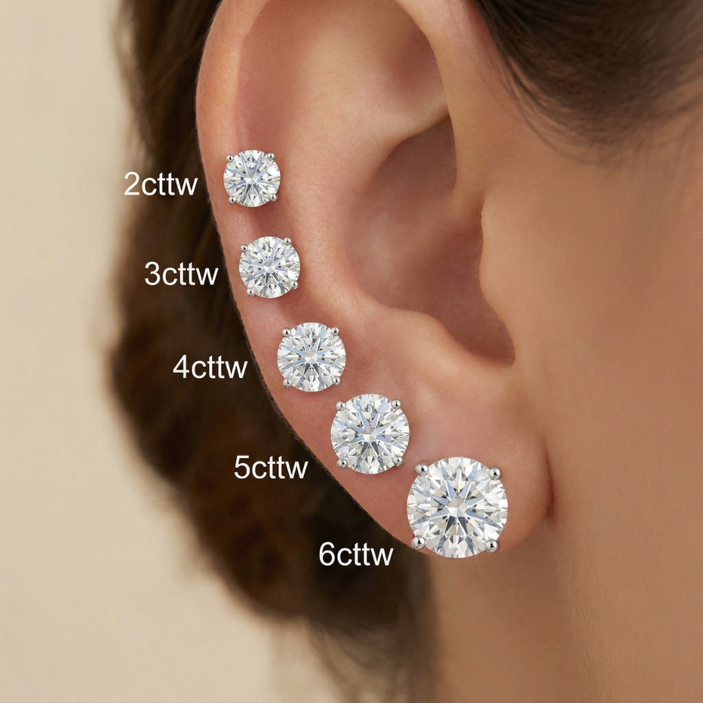 2 - 6 Ct TW Round Diamond Studs in 14k Gold Lab Grown Earrings (G-H, VS2-SI1)