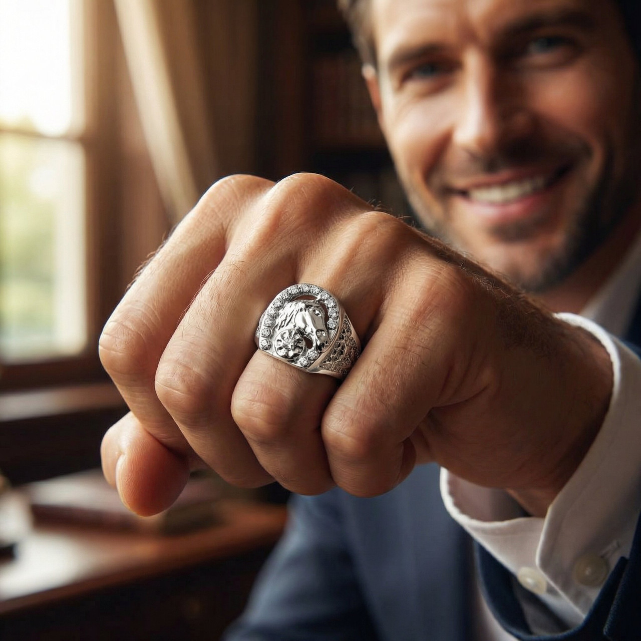 Mens Diamond Lucky Horseshoe Ring 10K White Gold (G-H, I2-I3)