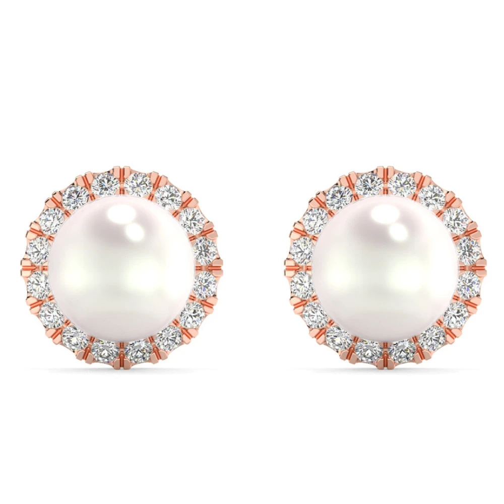 6mm Pearl & Diamond Halo Studs Women's 14k Gold Earrings Lab Grown (G-H, VS2-SI1)