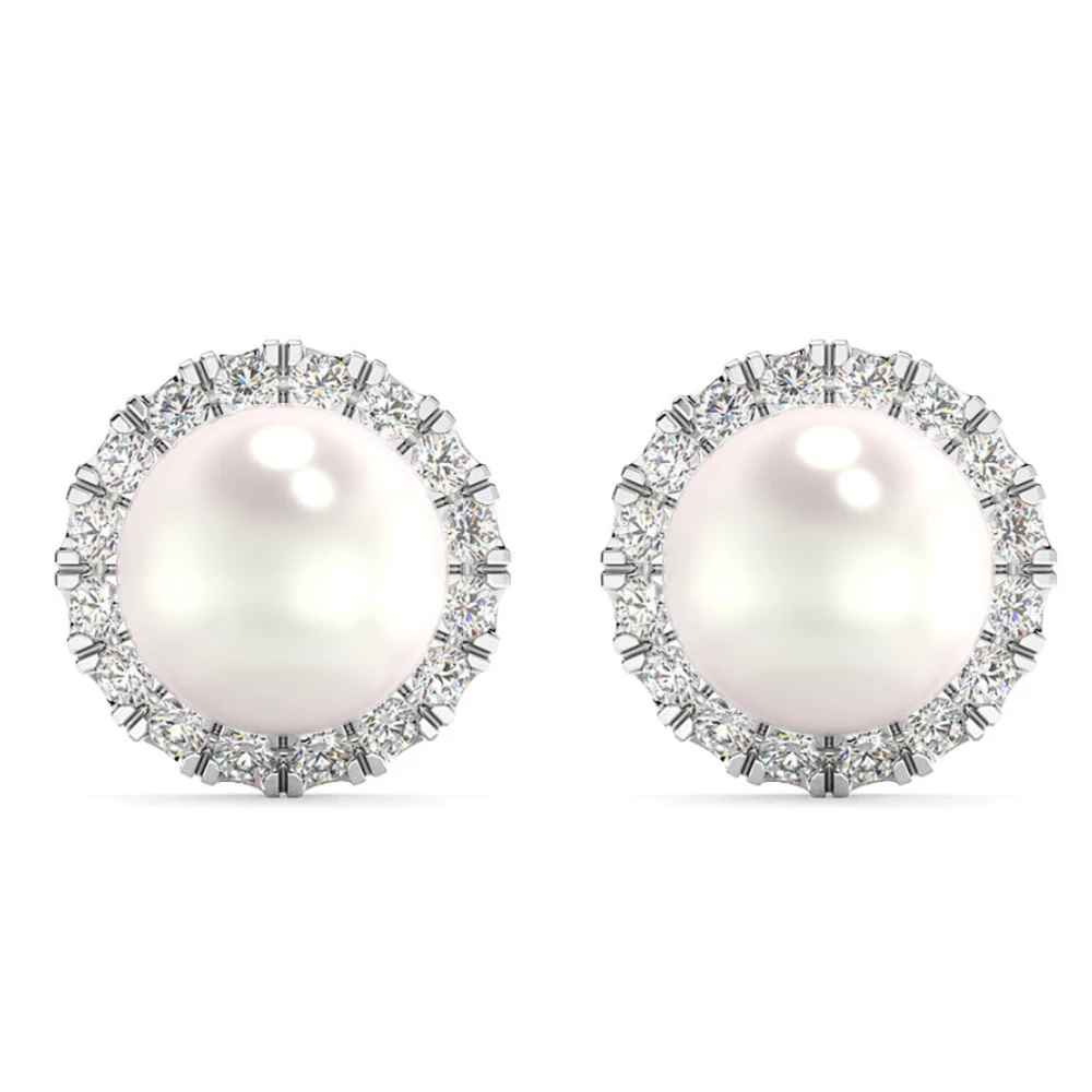 6mm Pearl & Diamond Halo Studs Women's 14k Gold Earrings Lab Grown (G-H, VS2-SI1)