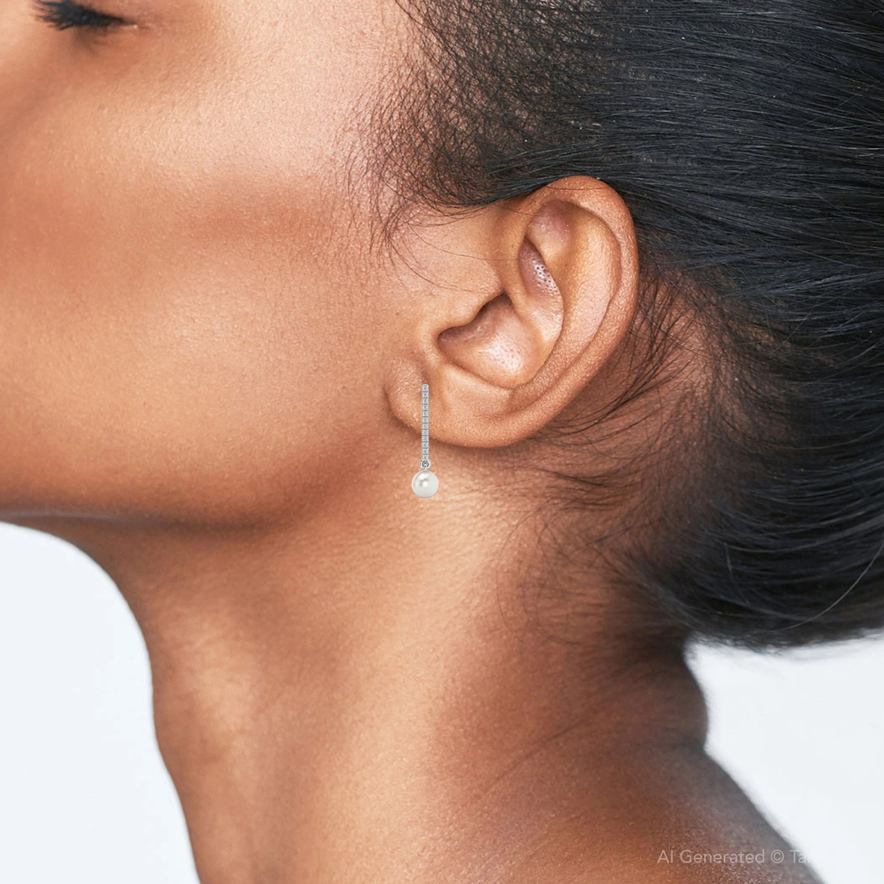 6mm Pearl & Diamond Dangle Earrings Women's 14k Gold Tennis Earrings Lab Grown (F-G, VS)