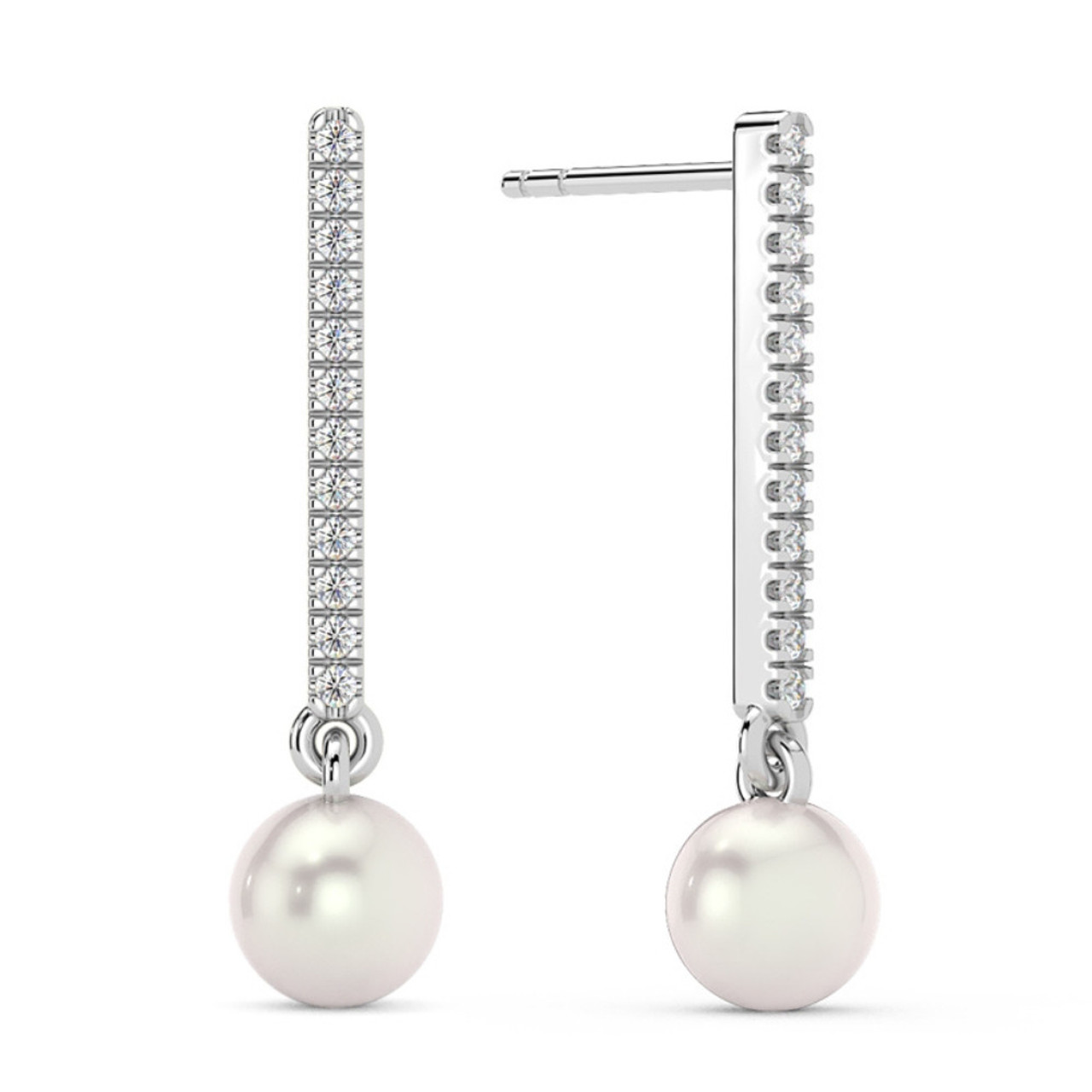 6mm Pearl & Diamond Dangle Earrings Women's 14k Gold Tennis Earrings Lab Grown (F-G, VS)