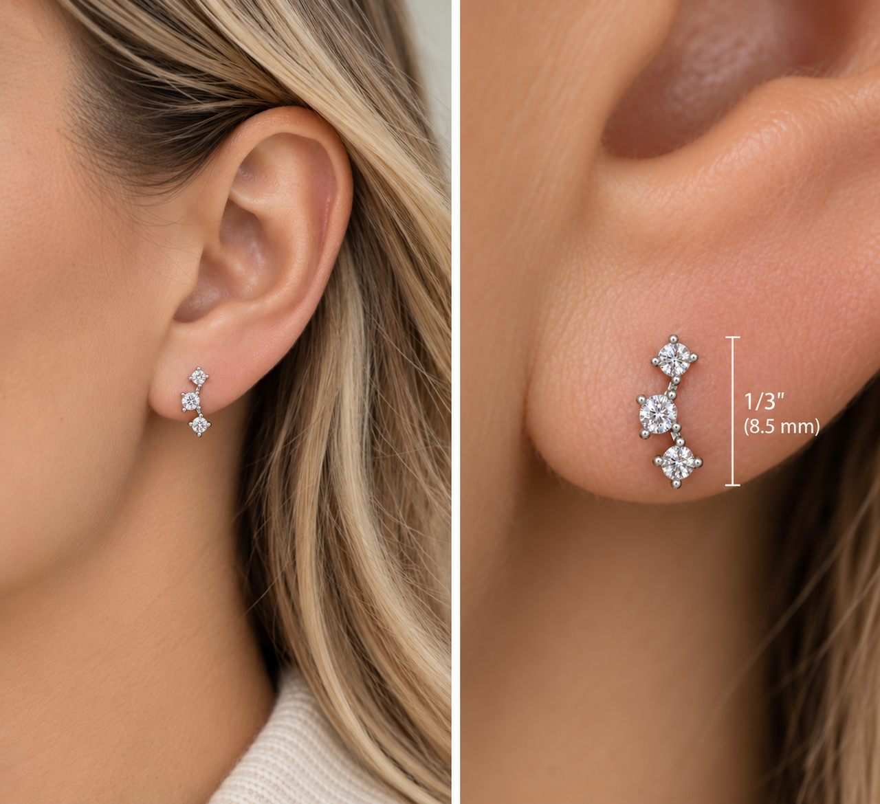 1/5Ct TW 3-Stone Diamond Crawler Earrings 14k Gold Studs Lab Grown 1/3" Tall (G-H, VS)