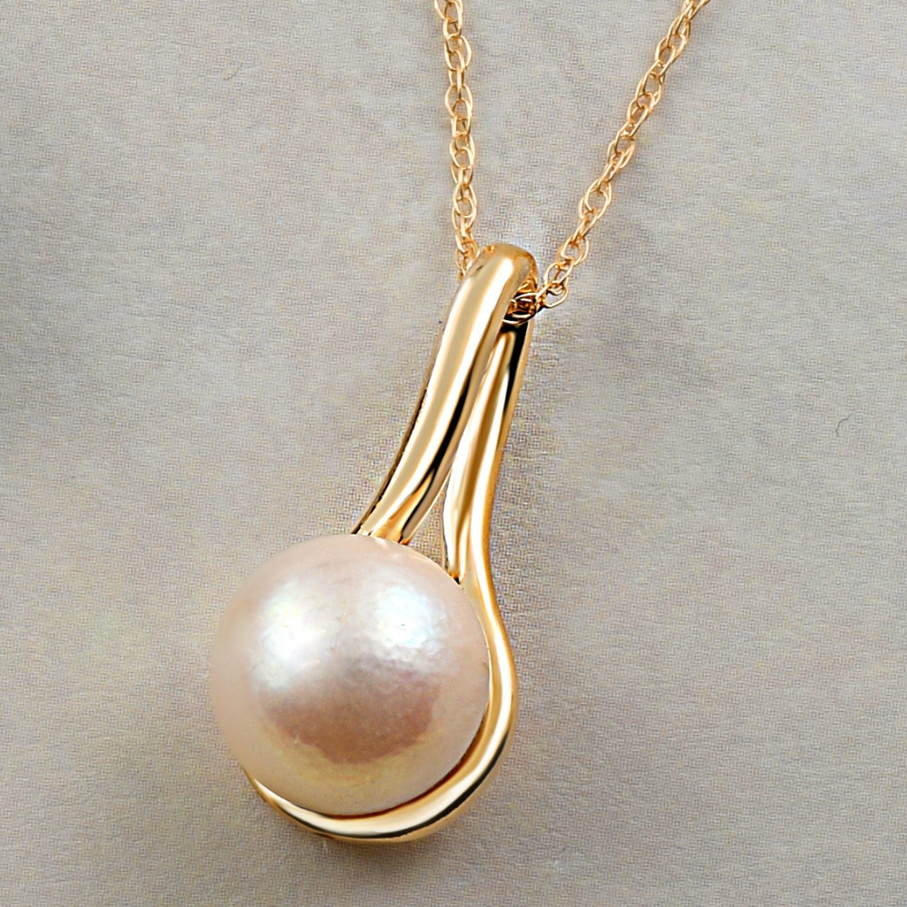 7mm Pearl Solitaire Pendant 14k Gold 18" Necklace 18mm Tall