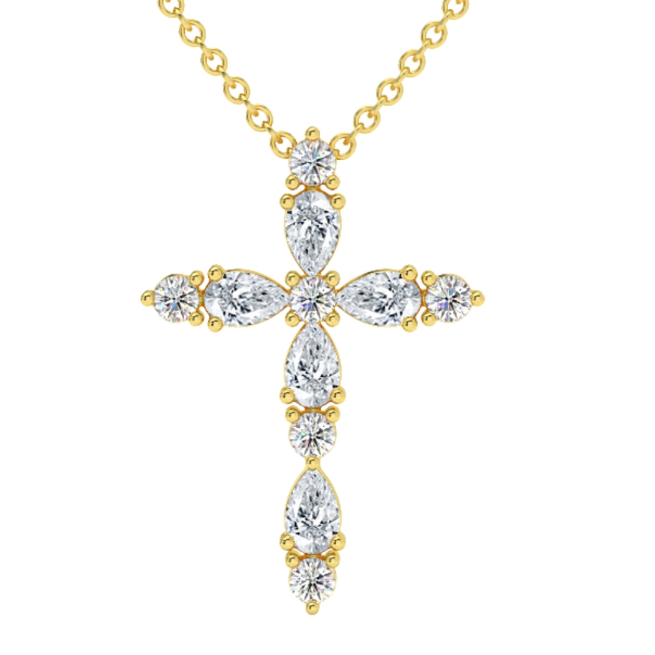 3/4Ct Diamond Cross Round & Pear Shape 14k Gold Necklace Lab Grown 1" Tall (F-G, VS)