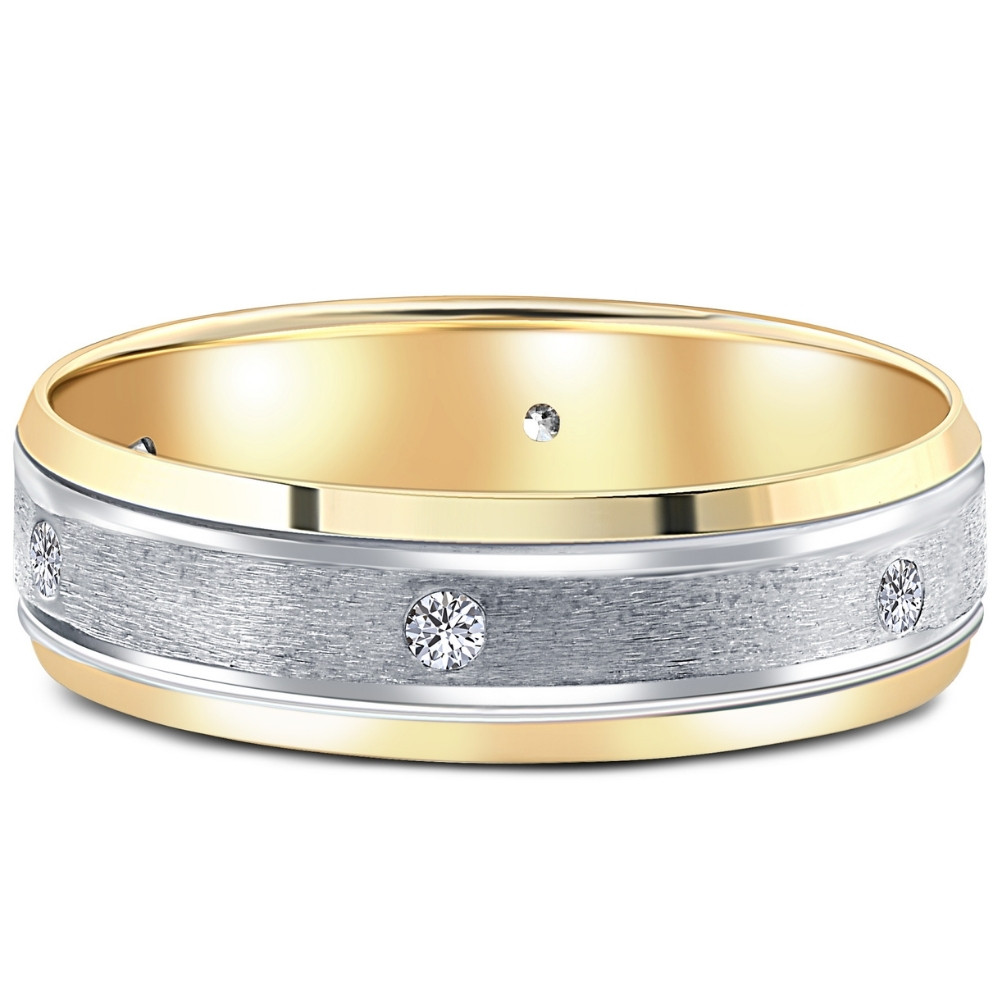 14k White & Yellow Gold Diamond Men's Brushed Wedding Ring (G-H, SI)