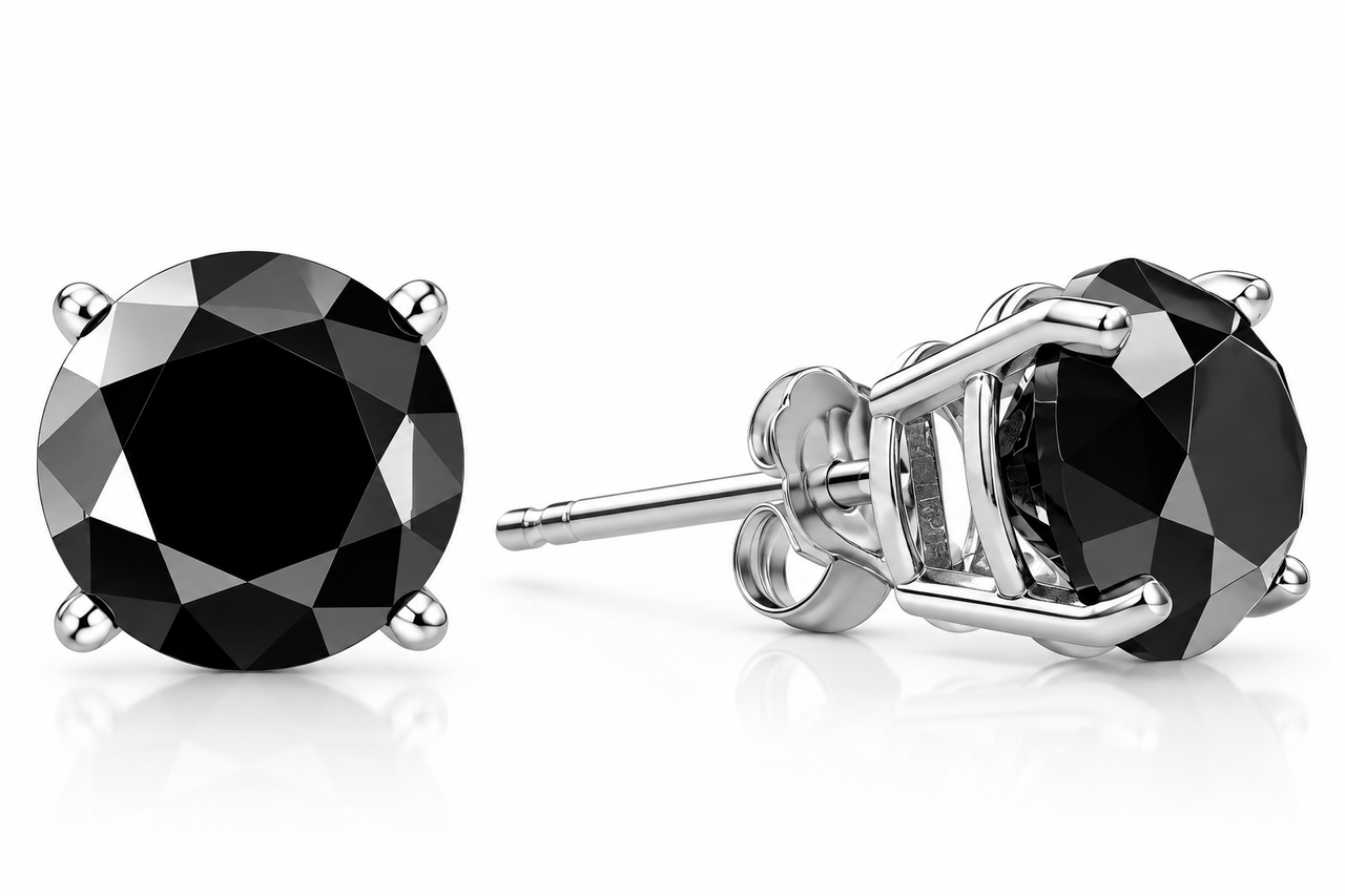 14k White Gold 1ct Round Cut Black Diamond Studs (Black, I2-I3)