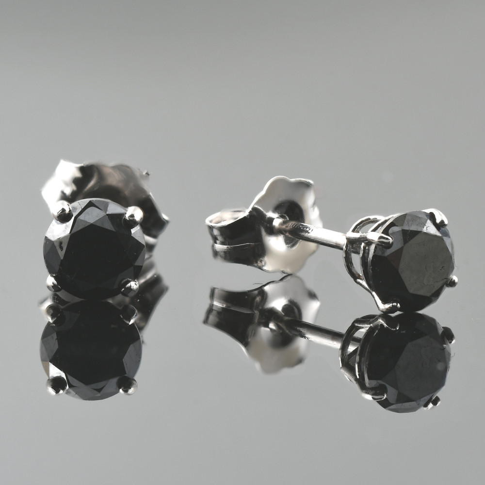 14k White Gold 1ct Round Cut Black Diamond Studs (Black, I2-I3)