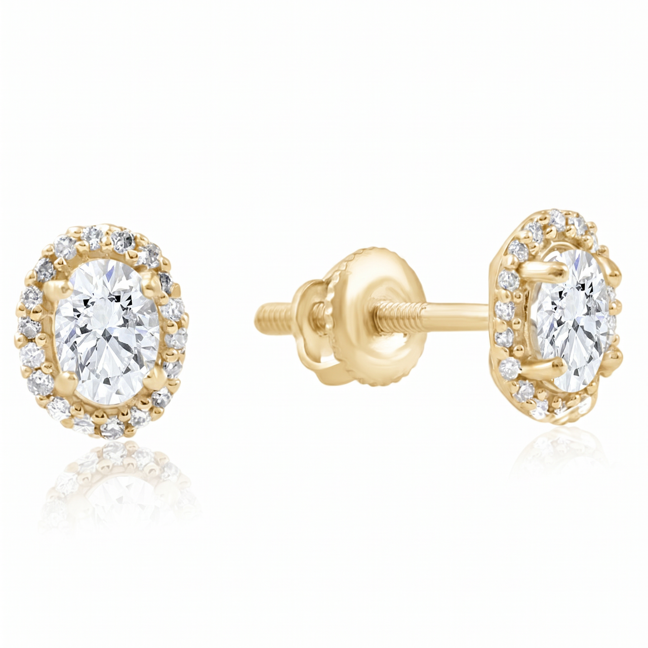 1/2Ct TW Oval Shape Halo Diamond Studs 10k White or Yellow Gold Earrings (H-I, I1)