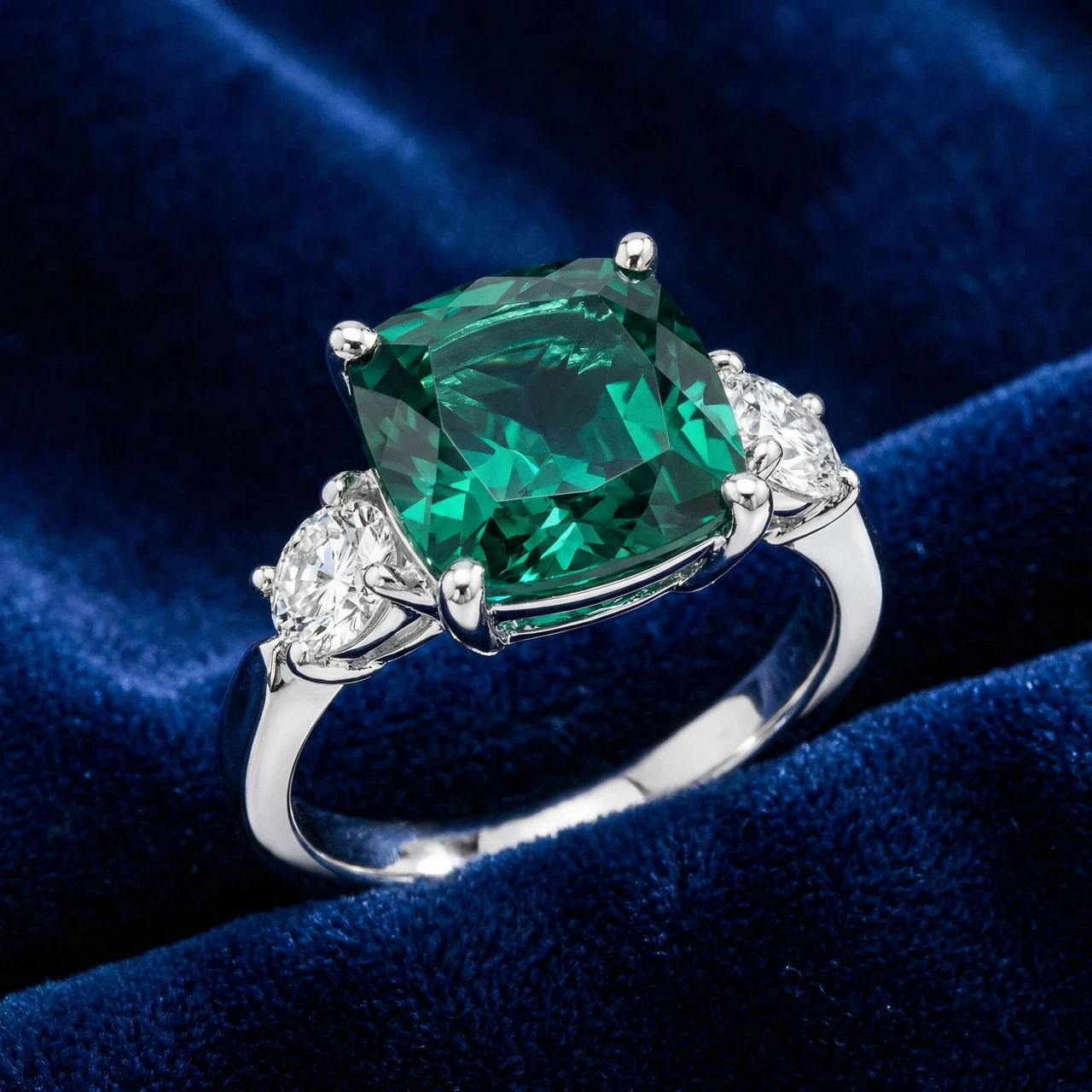 7.55Ct Green Cushion Emerald & Marquise Three Stone Ring 14k Gold lab Grown (F-G, VS)