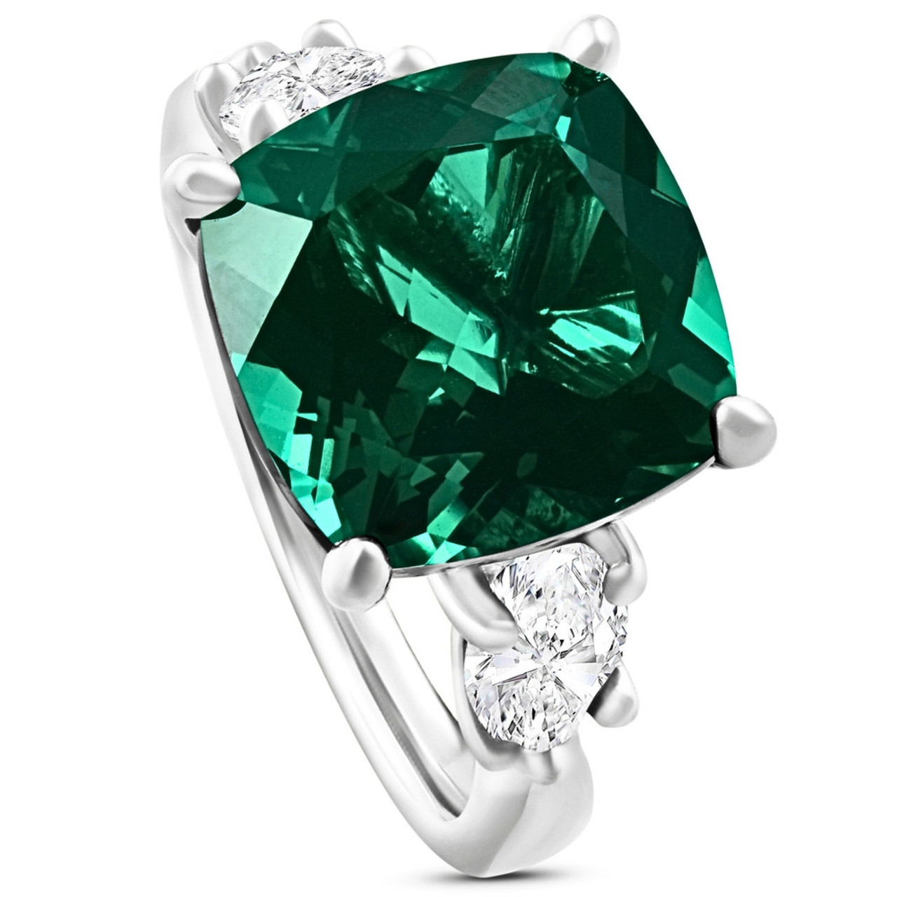 7.55Ct Green Cushion Emerald & Marquise Three Stone Ring 14k Gold lab Grown (F-G, VS)