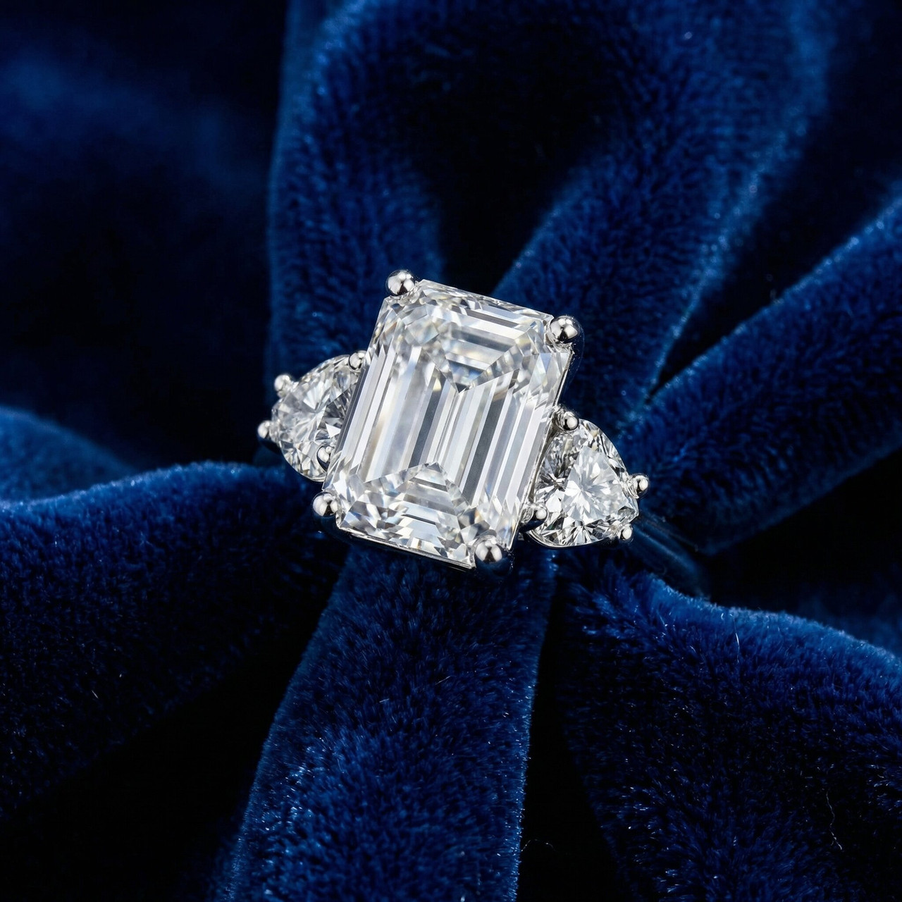 Certified 4 1/2Ct Emerald & Heart 3-Stone Diamond Ring 14k Gold Lab Grown (G-H, VS2-SI1)