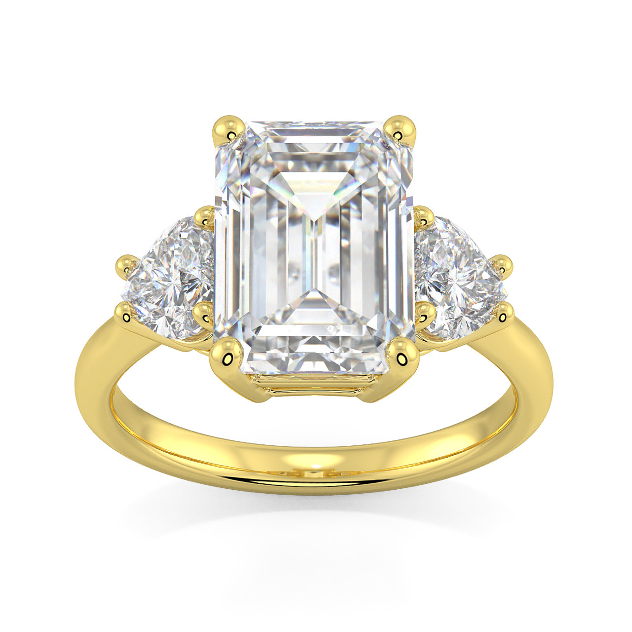 Certified 4 1/2Ct Emerald & Heart 3-Stone Diamond Ring 14k Gold Lab Grown (G-H, VS2-SI1)