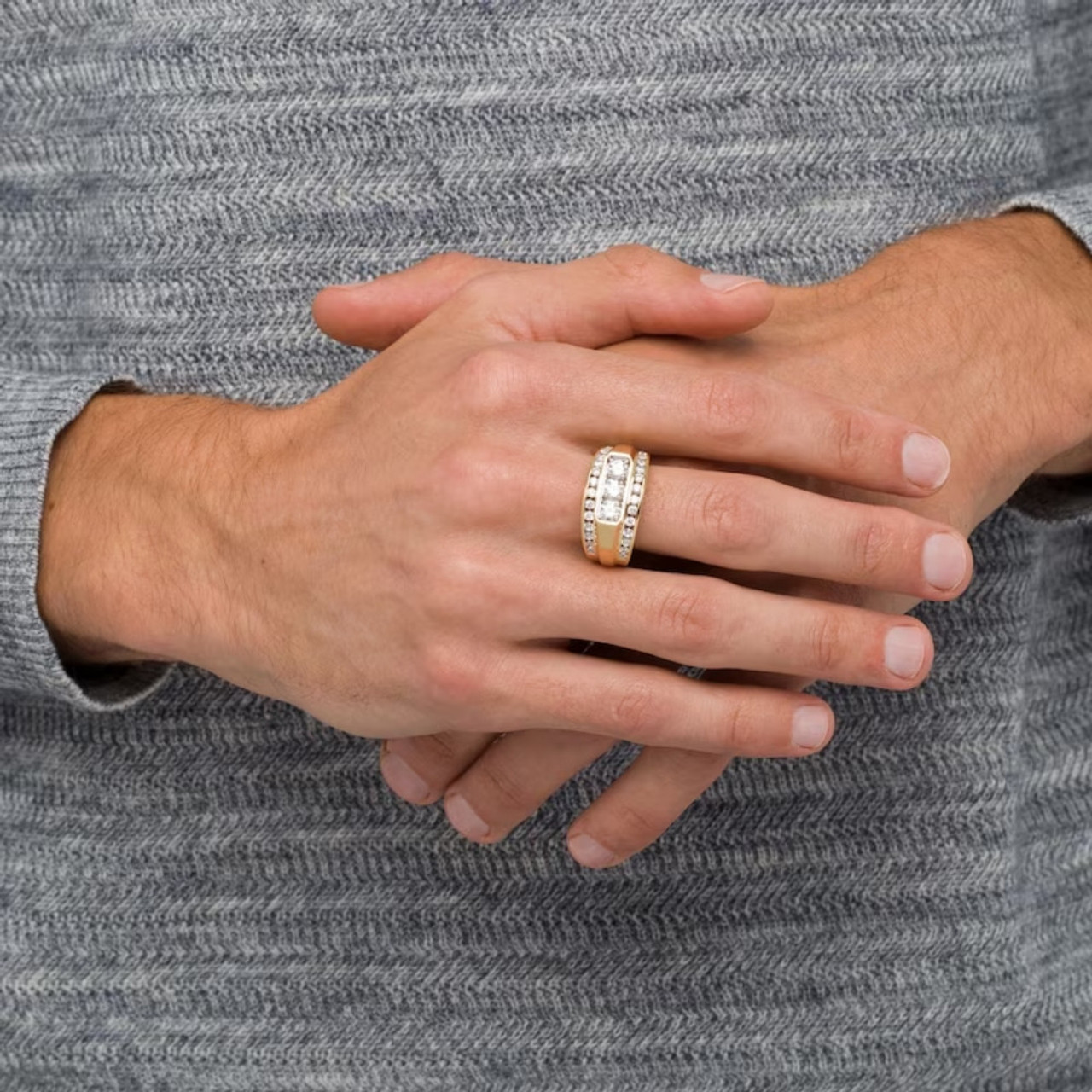 Men's 2 CT. T.W. Lab Grown Diamond Border Three Stone Ring in 14K Gold (F-G, VS2-SI1) Men's 2 CT. T.W. Lab Grown Diamond Border Three Stone Ring in 14K Gold (F-G, VS2-SI1)