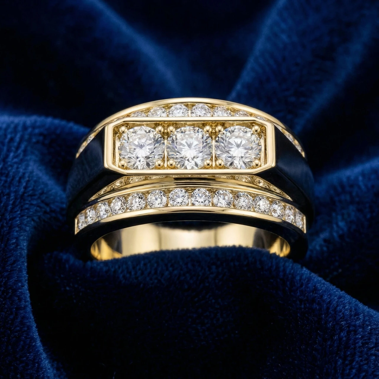 Men's 2 CT. T.W. Lab Grown Diamond Border Three Stone Ring in 14K Gold (F-G, VS2-SI1)