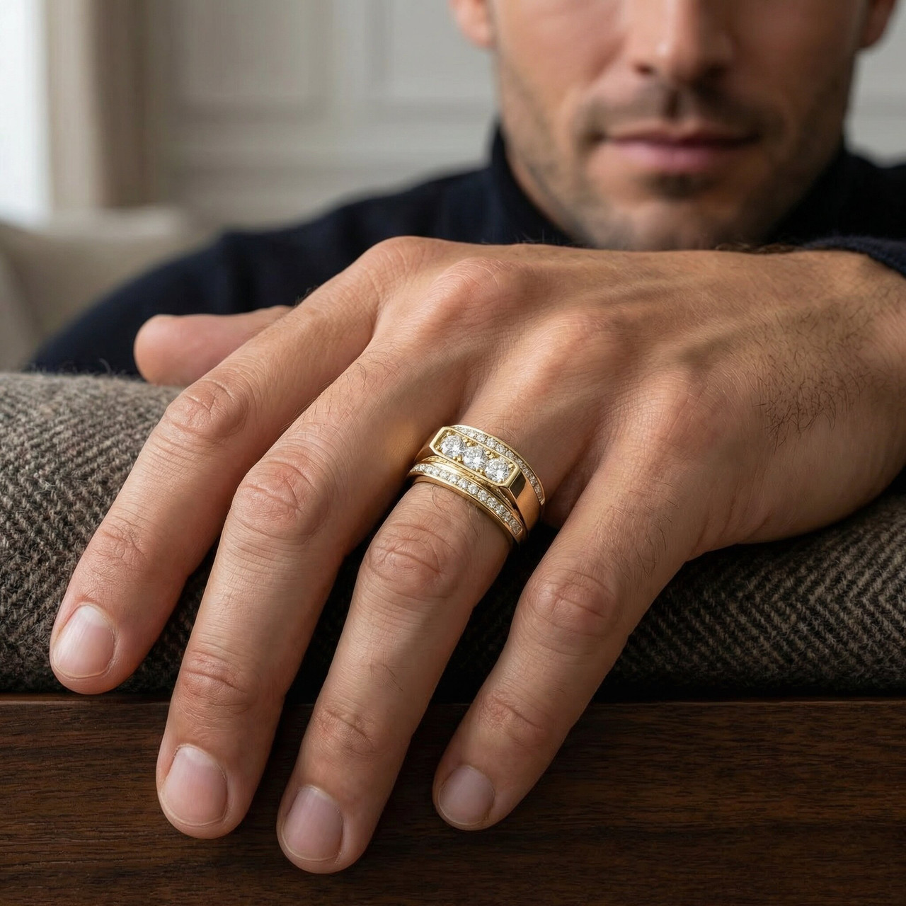 Men's 2 CT. T.W. Lab Grown Diamond Border Three Stone Ring in 14K Gold (F-G, VS2-SI1)