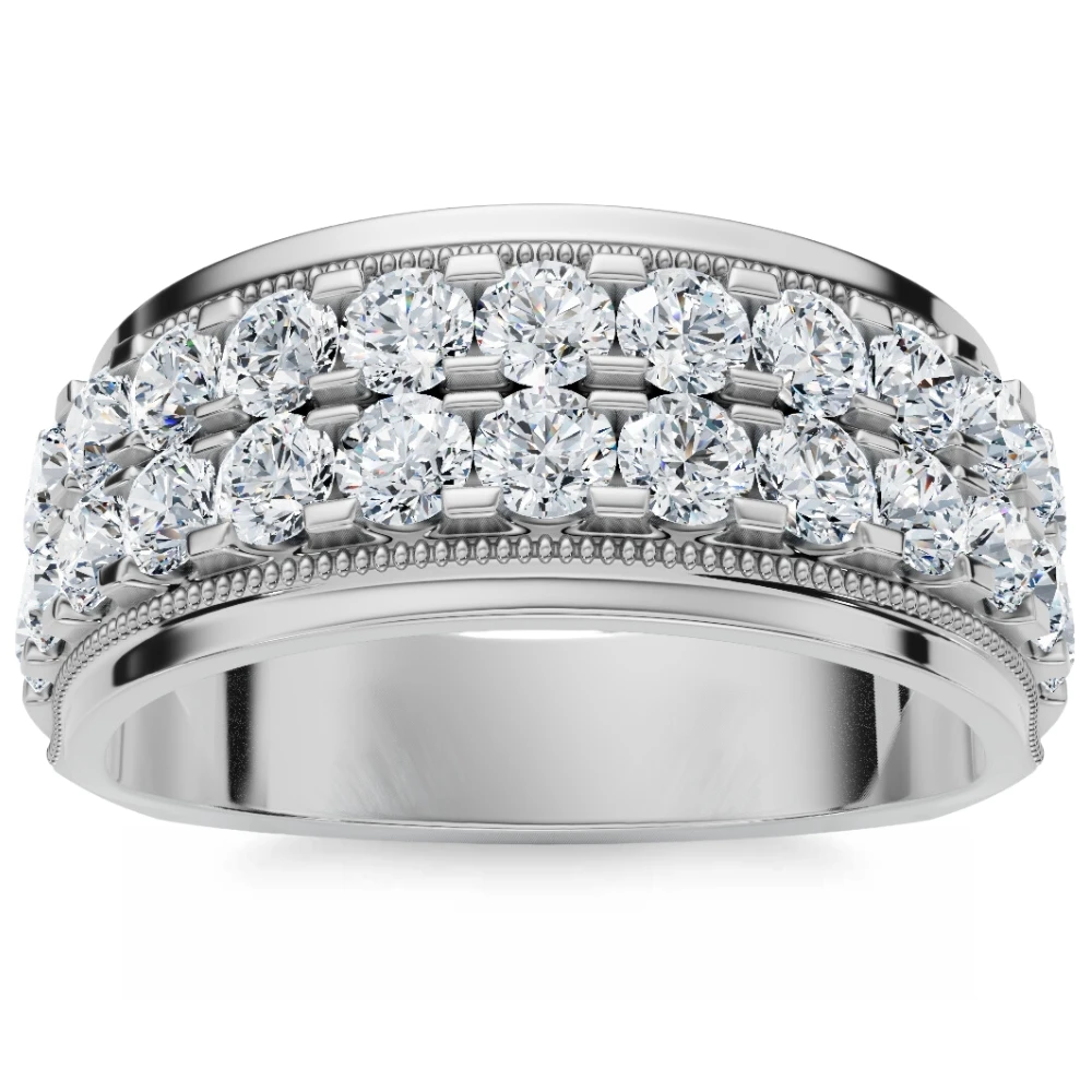 2Ct Men's Diamond Double Row Wedding Ring Polished Band in White or Yellow Gold (G-H, I2-I3)