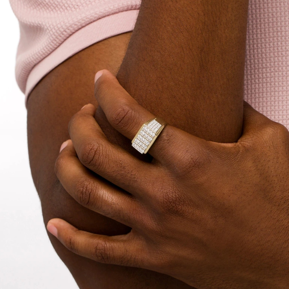 1Ct Men's Diamond Rectangle Multi-Row Ring in 10k Yellow Gold (G-H, I1)