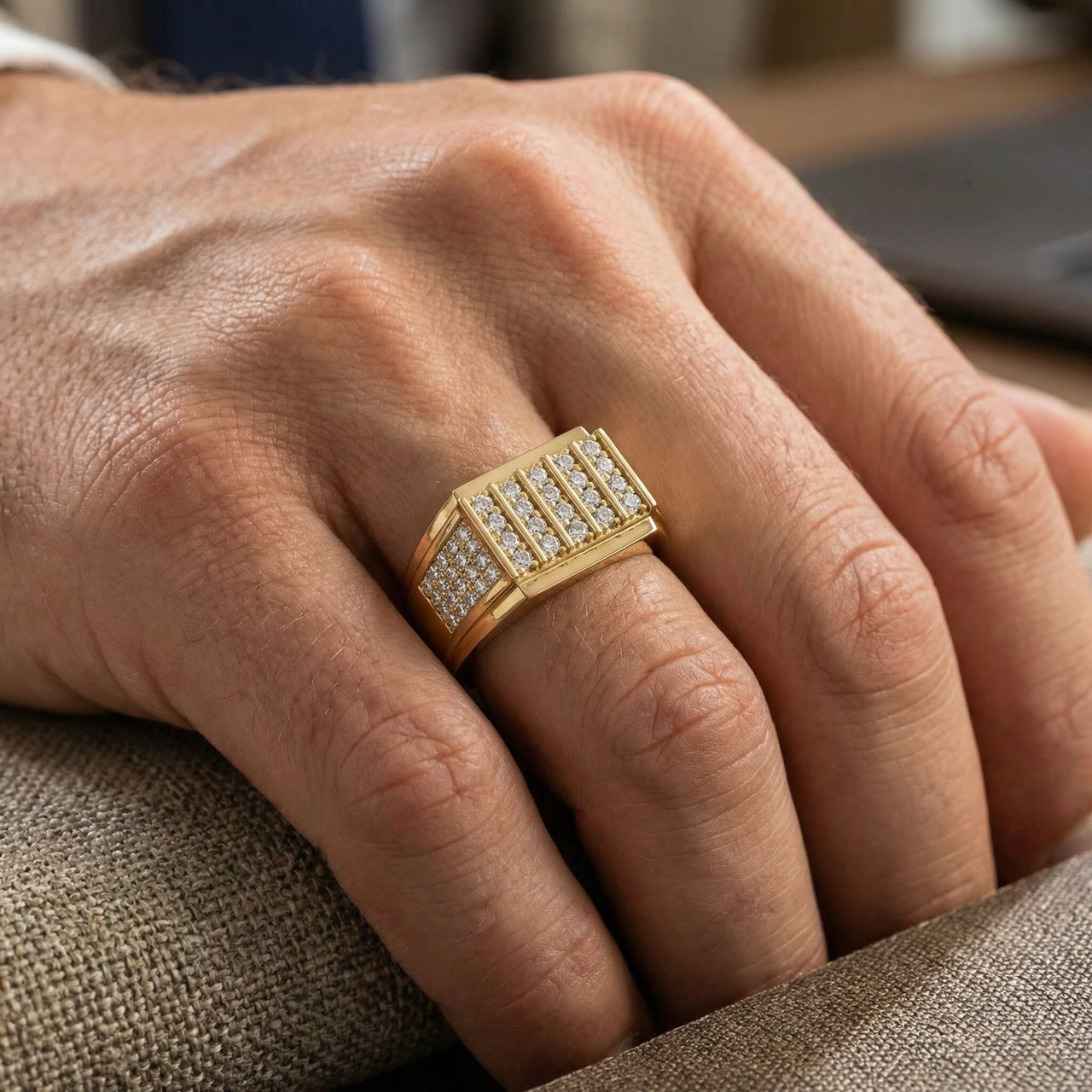 1Ct Men's Diamond Rectangle Multi-Row Ring in 10k Yellow Gold (G-H, I1)